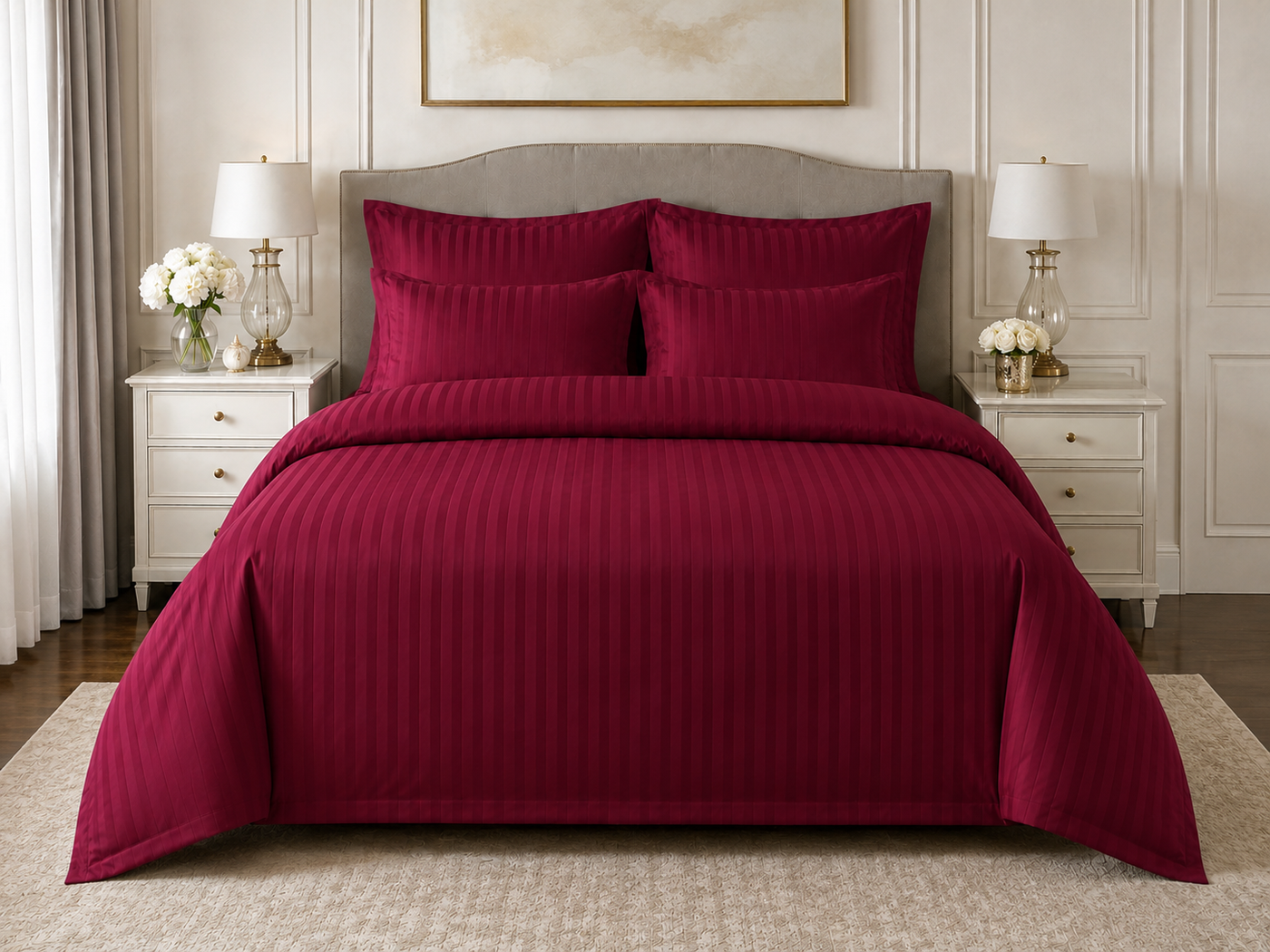 Lenjerie de pat damasc bordo intr-un dormitor elegant