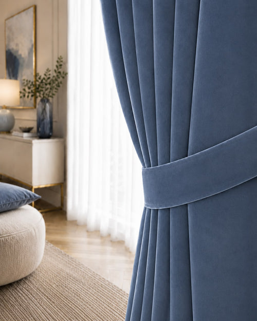 Detaliu draperie catifea albastru deschis