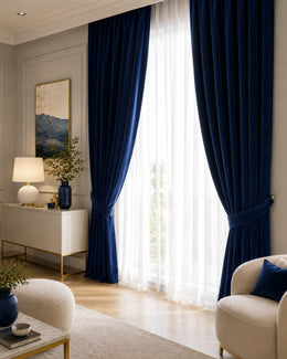 Draperie catifea bleumarin in living