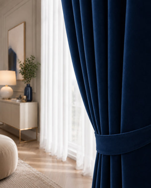 Detaliu draperie catifea bleumarin