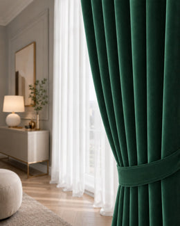 Detaliu draperie catifea verde smarald