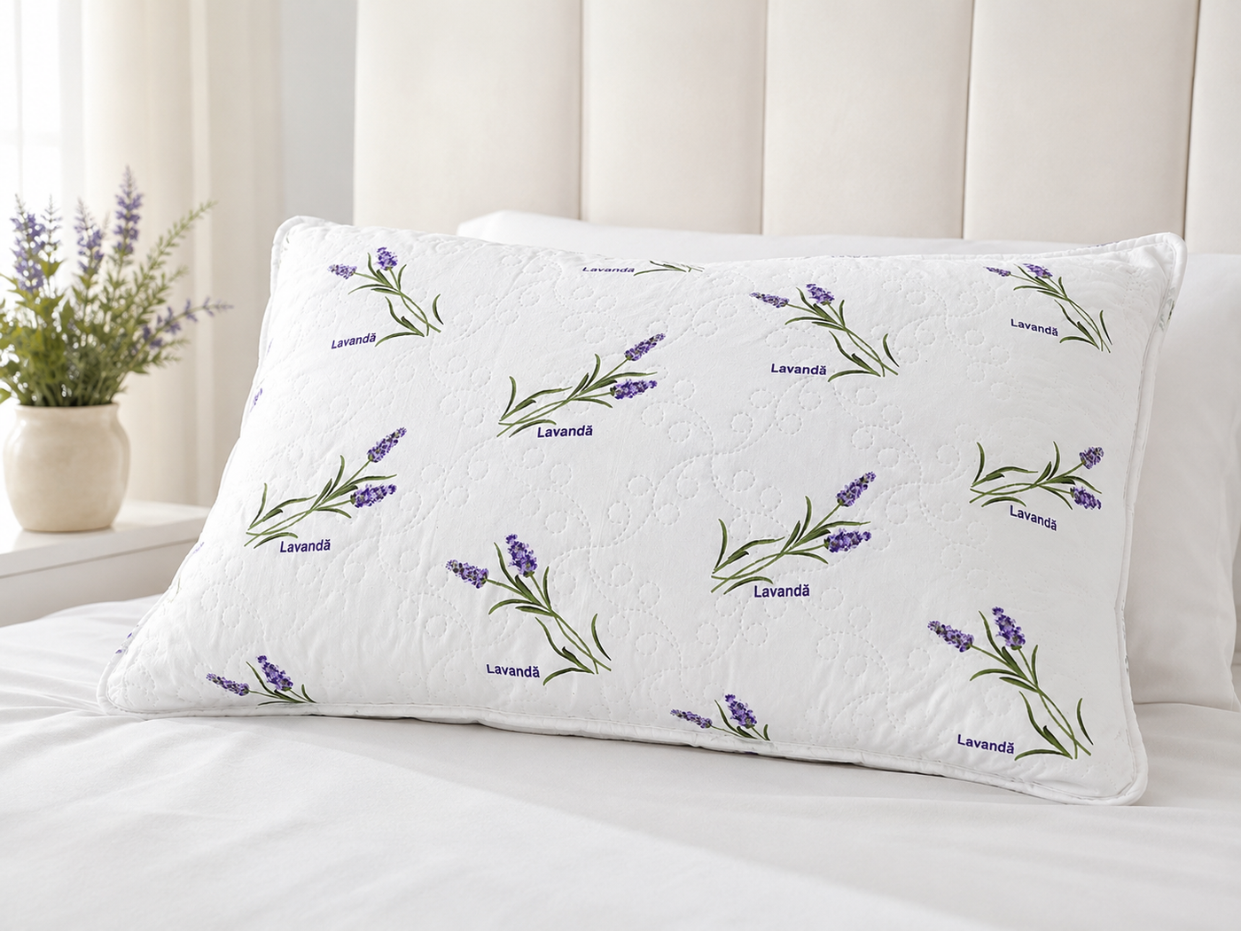 Perna Lavanda pe pat in dormitor luminos